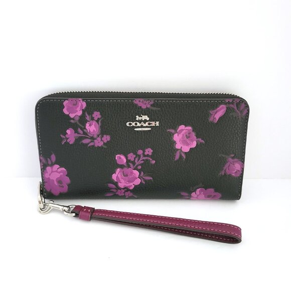 Coach CCL36 Long Zip Around Wallet Floral Print Pebbled Leather Black Purple - Picture 2 of 7